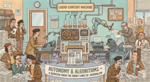 KI-generiertes Symbolbild in Anlehnung an Wes Andersons „The French Dispatch“, einer Ode an das Ideal journalistischer Autonomie. Erstellt mit Gemini Pro, Prompt: „Ich möchte mein Promotionsvorhaben zu "Auswirkungen von KI auf die journalistische Autonomie" mit einer Illustration im Stile von "The French Dispatch" bebildern. Kannst du mir eine Redaktionsszene inklusive einer visuellen Repräsentation von KI erstellen?“ + kleine Änderungen.